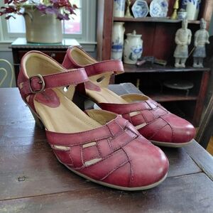 New Earth red berry leather Lynx woven ankle strap maryjane shoes heel Womens 10